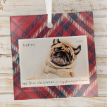 Adorno De Cristal Mi primera Navidad para siempre en casa Mascota fo<br><div class="desc">Este diseño simple y clásico está compuesto por tipografía de la síspera y agrega una foto de un mascota personalizado. "Mi primera Navidad en mi casa para siempre" adorna el diseño.</div>