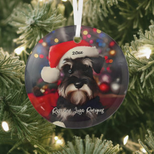 Adorno De Cristal Miniatura Schnauzer gruñón con sombrero de Santa