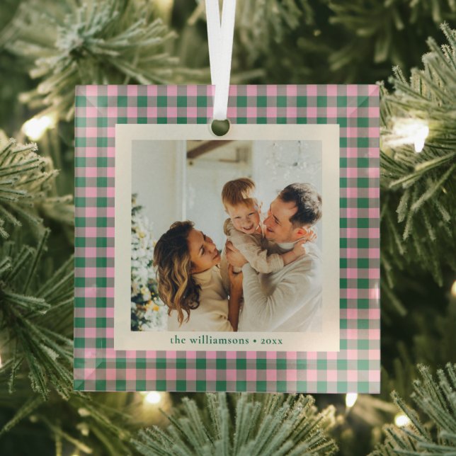Adorno De Cristal Modern Pink Green Family Photo Keepsake Christmas (in situ)