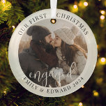 Adorno De Cristal Moderna y elegante primera Navidad foto de comprom<br><div class="desc">Un adorno fotográfico diseñado por personalizados que presenta "nuestra primera Navidad comprometida" diseño moderno y sencillo con foto,  nombre y año personalizados.</div>