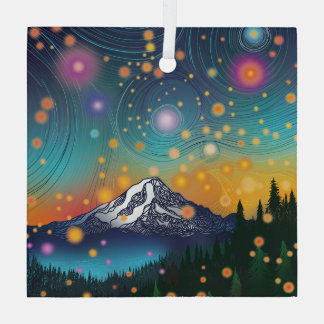 Adorno De Cristal Monte Rainier w Evening Starry Sky y luciérnagas