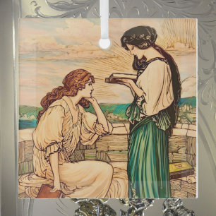 Adorno De Cristal Mujeres Vintage Art Nouveau leyendo junto al mar 