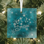 Adorno De Cristal Mystical Winter Blue Silver Snowflakes Let It Snow<br><div class="desc">Un místico cielo azul invernal con copos de nieve plateados y la maravillosa frase clásica Let It Snow. Ideal para el árbol de Navidad de esta temporada.</div>