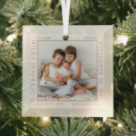 Adorno De Cristal Nacimiento del bebé Estadísticas de copo de nieve<br><div class="desc">Foto de estadísticas de natalidad con delicados copos de nieve blancos en un suave fondo beige neutro. La plantilla de la foto está lista para que añada la foto de su bebé, que está enmarcada con las estadísticas de su recién nacido. Si tiene algún problema con la colocación, intente recortar...</div>