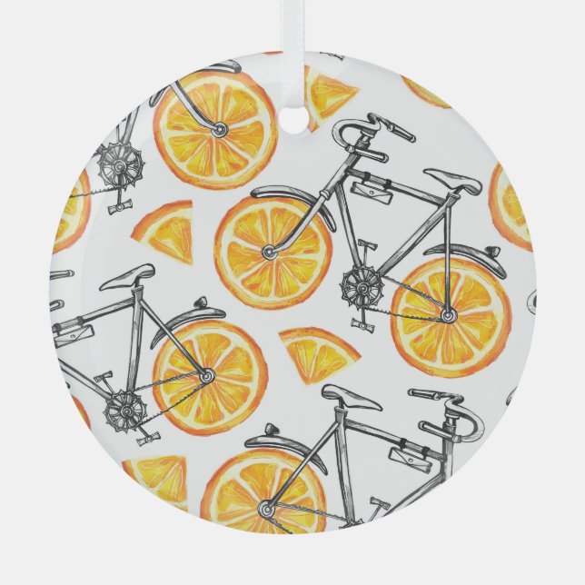 Adorno De Cristal Naranjas de bicicleta: Patrón de verano acuarela (Anverso)