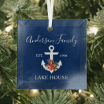 Adorno De Cristal Nautical Lake House Winter Floral Naval Azul<br><div class="desc">Elegante Guión Nautical Lake House Nombre Familia Ornamento de Vidrio Azul de la Marina. La decoración es de estilo Art Nouveau y está decorada con Watercolor Floral,  con poinsettias rojas,  pinos y otras hermosas zonas verdes invernales.</div>