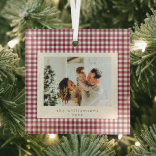 Adorno De Cristal Navidad con foto personalizada de cuadros rojos de