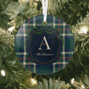 Adorno De Cristal Navidad Monograma Elegante Preppy Plaid