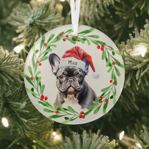 Adorno De Cristal Navidad Perro Negro Bulldog francés Santa