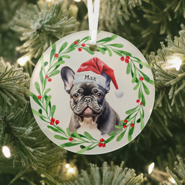 Adorno De Cristal Navidad Perro Negro Bulldog francés Santa (in situ)