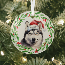 Adorno De Cristal Navidad Perro Siberian Husky Santa Hat vacaciones