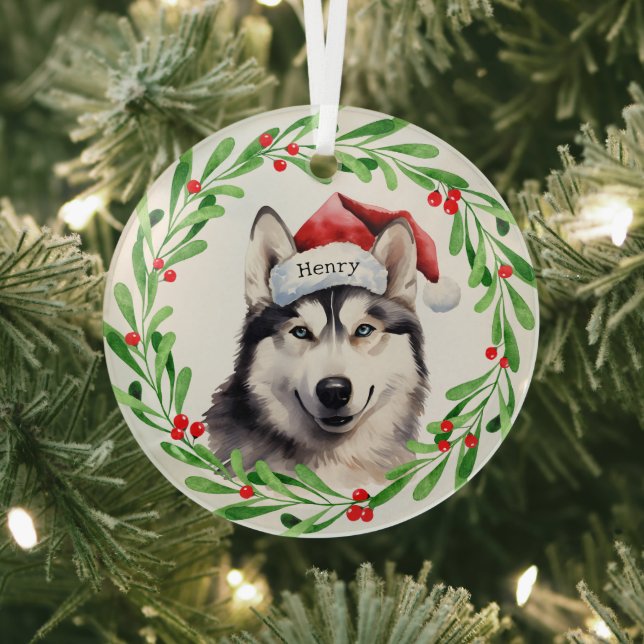 Adorno De Cristal Navidad Perro Siberian Husky Santa Hat vacaciones (in situ)