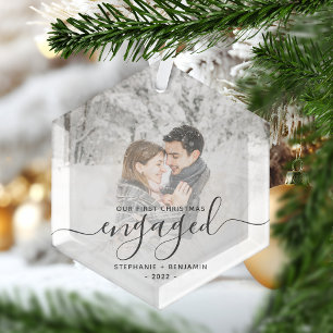 Adorno De Cristal Navidad Prometidos Foto Personalizada Gris Script