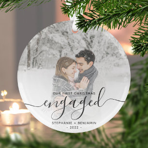 Adorno De Cristal Navidad Prometidos Foto Personalizada Gris Script
