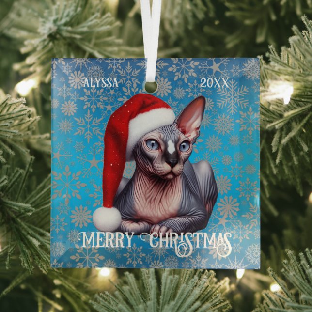 Adorno De Cristal Navidades azules del gato Sphynx (in situ)