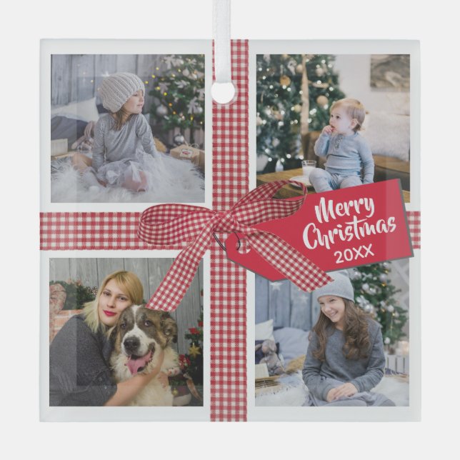 Adorno De Cristal Navidades de Collage de fotos de Cinta y Bow 4 (Anverso)