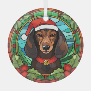Adorno De Cristal Navidades de Holly Wreath Brown Dachshund