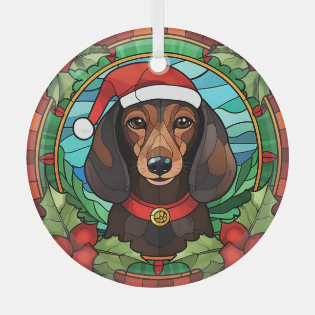 Adorno De Cristal Navidades de Holly Wreath Brown Dachshund (Anverso)
