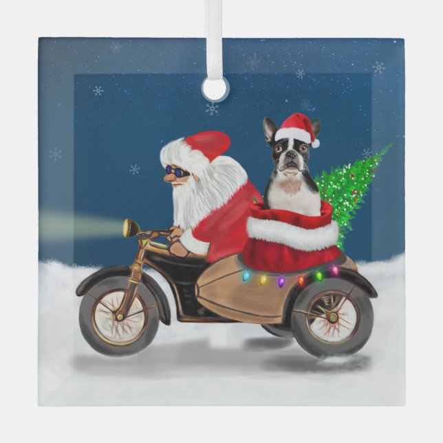 Adorno De Cristal Navidades de Perro Terrier de Boston Santa Claus (Anverso)