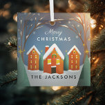Adorno De Cristal Navidades de Snowy Village Winter Scene<br><div class="desc">Ilustracion original de un pueblo en la ladera de una colina nevada,  a juego con la tarjeta de la foto de las vacaciones. Transferir a otro estilo de ornamento para añadir una foto en la parte posterior. Este adorno de vidrio es de un solo lado y translúcido.</div>