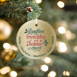 Adorno De Cristal Navidades de tipografía verde dorada de amigos<br><div class="desc">Un falso fondo dorado. Personaliza y agrega tus nombres y un año. Cita: Risas,  amistad y alegría por las fiestas. Texto verde y rojo.</div>