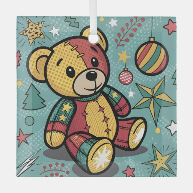Adorno De Cristal Navidades de Whimsical Patchwork Teddy Bear (Anverso)