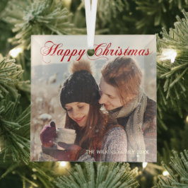 Adorno De Cristal Navidades felices Red Elegant Script Family Photo