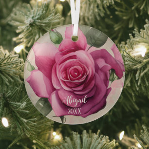 Adorno De Cristal Navidades florales de rosas rosadas personalizadas