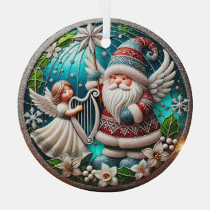 Adorno De Cristal Navidades Gnome y Angel tocando un arpa