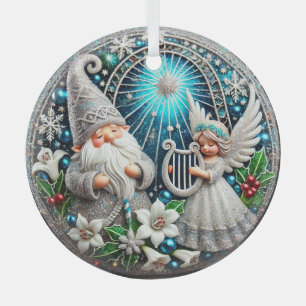 Adorno De Cristal Navidades Gnome y Angel tocando un arpa