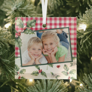Adorno De Cristal Navidades Holiday Photo Plaid Watercolor Floral