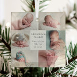 Adorno De Cristal Navidades Keepsake del recién nacido Collage de fo<br><div class="desc">Este hermoso ornamento de Navidad de collage de fotos de recién nacidos presenta un diseño elegante de 6 fotos de bebés en un fondo blanco con los detalles de su anuncio de nacimiento bajo su nombre en un adorable guión gris. Un maravilloso regalo de vacaciones para los abuelos y otros...</div>