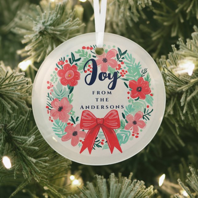 Adorno De Cristal Navidades Red Bow Wreath Blue Joy (in situ)
