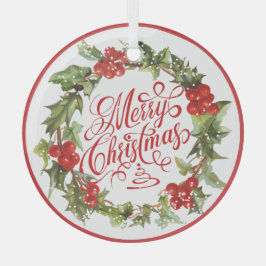 Adorno De Cristal Navidades Red Green Vintage Holly Ivy Calligraphy