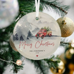 Adorno De Cristal Navidades rusos de camiones rojos personalizados<br><div class="desc">Camión rojo de color de agua rústico adorno de cristal de Feliz Navidad. Personalice agregando su apellido/s y año.</div>