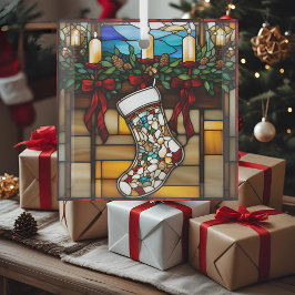 Adorno De Cristal Navidades Stocking Faux Staines Glass