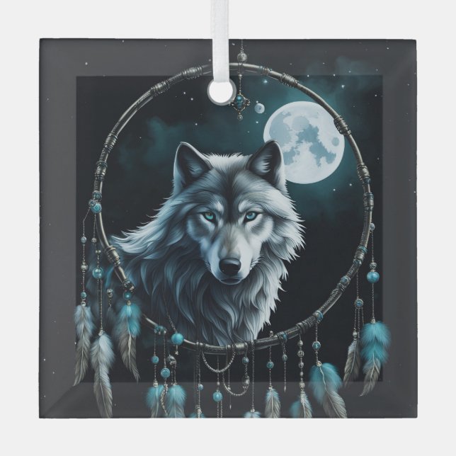Adorno De Cristal Navidades Wolf y Dreamcatcher Espiritualmente (Anverso)