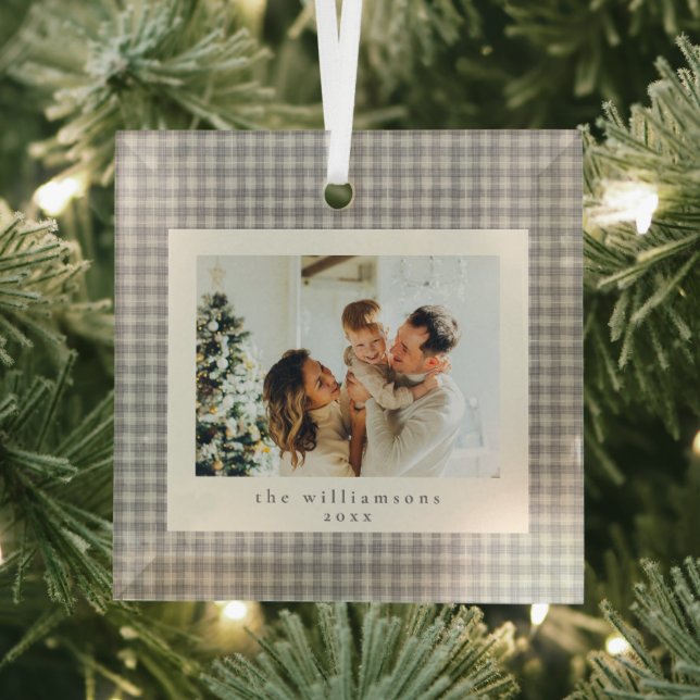 Adorno De Cristal Neutral Gingham Family Photo Keepsake Christmas (in situ)