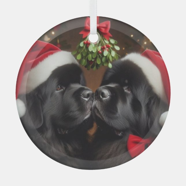 Adorno De Cristal Newfies bajo el mistletoe Kiss (Anverso)