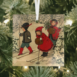 Adorno De Cristal Niños vintage patinando a través de un bosque neva