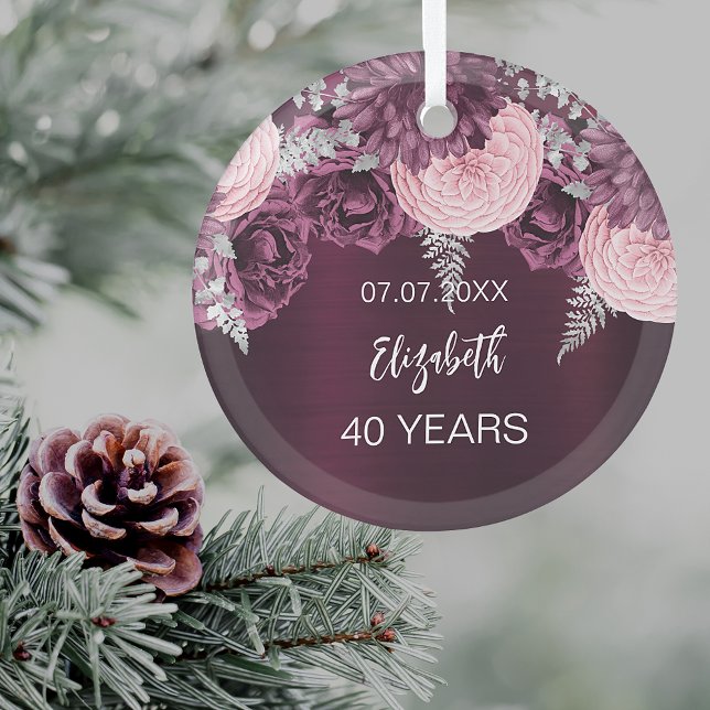 Adorno De Cristal Nombre de las flores rosadas burgundy de cumpleaño (For both birthday party table decor and for decorating the Christmas tree as a keepsake)