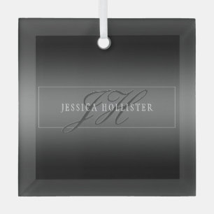 Adorno De Cristal Nombre elegante y iniciales monogramadas   Negro y
