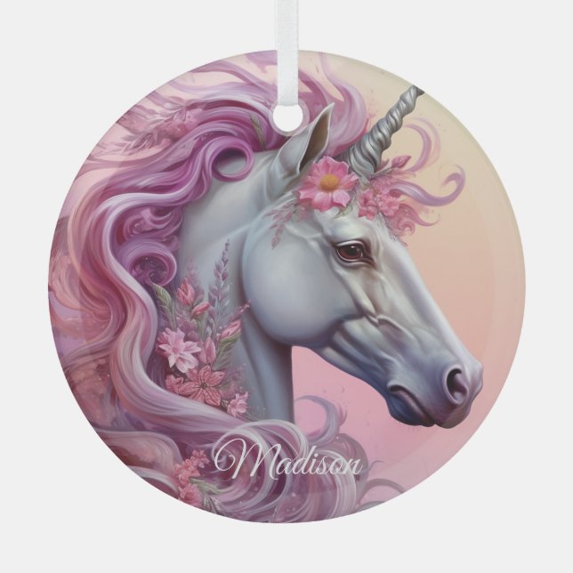 Adorno De Cristal Nombre personalizado lindo unicornio (Anverso)