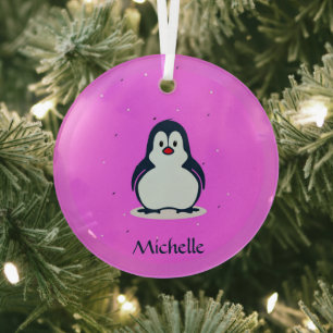 Adorno De Cristal Nombre personalizado pingüino lindo en rosa