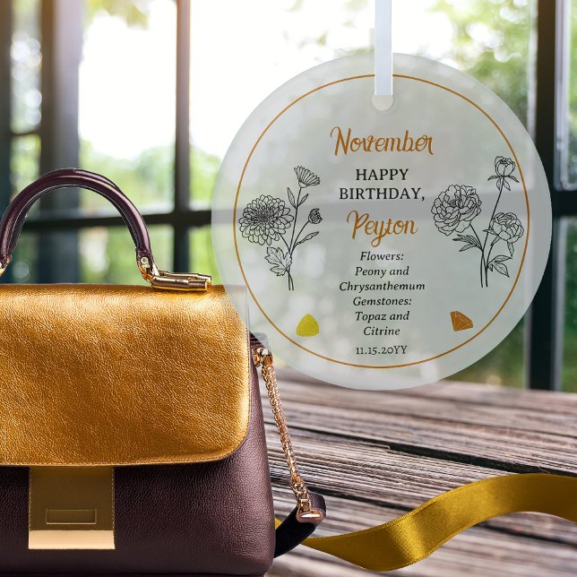 Adorno De Cristal Noviembre Chrysanthemum Peony Cumpleaños Keepsake (November Chrysanthemum and Peony Floral | Topaz, Citrine Gemstone Birthday Keepsake Glass Ornament)
