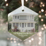Adorno De Cristal Nueva foto en el hogar Primer guión simple de Navi<br><div class="desc">Celebra la alegría de tu nuevo lugar con una foto personalizado "Primera Navidad en nuestro nuevo hogar" adorno de vidrio hexagonal. La imagen y todo el texto de esta plantilla son fáciles de personalizar. El moderno diseño minimalista incluye una imagen de su elección, con un elegante mensaje, nombre y año...</div>