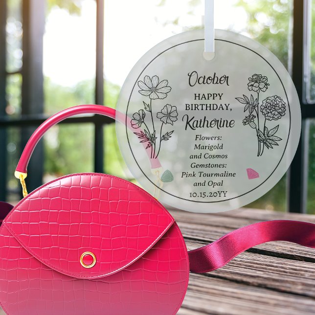 Adorno De Cristal Octubre Marigold y Cosmos Cumpleaños Keepsake (October Marigold and Cosmos Floral | Pink Tourmaline Opal Gemstone Birthday Keepsake Glass Ornament)
