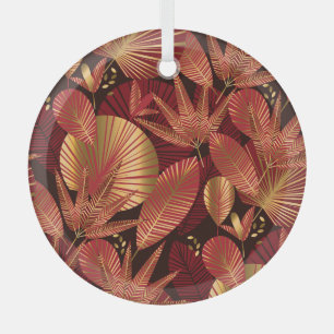 Adorno De Cristal Oro Rojo, Patrón Geométrico Tropical.