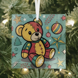 Adorno De Cristal Oso de peluche navideño con parches caprichosos