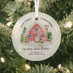Adorno De Cristal Our First Christmas New House<br><div class="desc">Simply perfect First Christmas in our new home ornament featuring a cute winter Christmas house.  Dated keepsake gift for your first Christmas in your new house.  Visit our shop to view the other version of this ornament.</div>